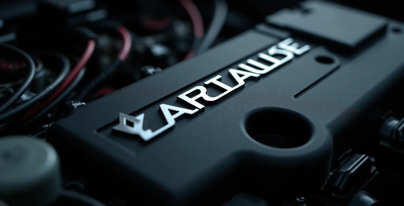 Gros plan textural d’un moteur Renault et de câblages électroniques, en lumière cinématographique sans éléments lisibles.