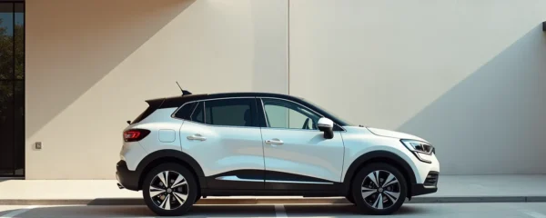 Photographie réaliste d'une Renault d'occasion dans un environnement urbain propre et épuré, avec un éclairage naturel cinématographique et un bokeh doux en arrière-plan, sans éléments lisibles ou logos visibles.