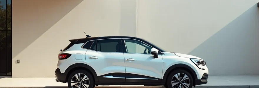 Photographie réaliste d'une Renault d'occasion dans un environnement urbain propre et épuré, avec un éclairage naturel cinématographique et un bokeh doux en arrière-plan, sans éléments lisibles ou logos visibles.