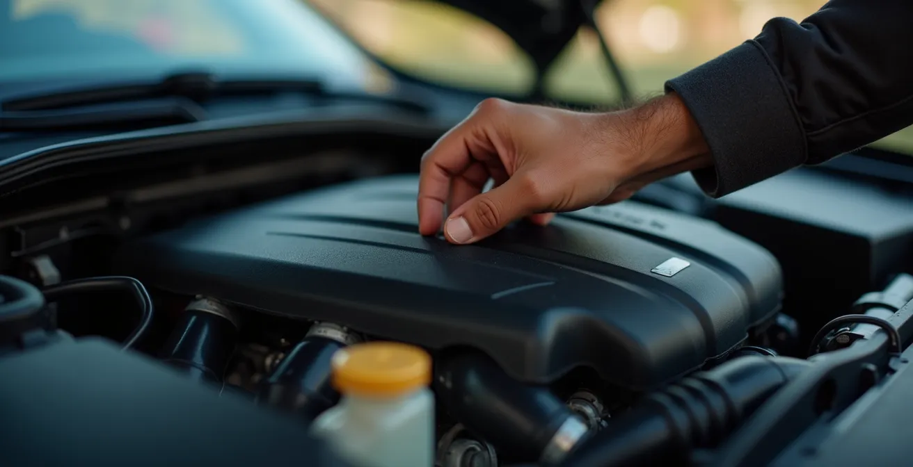 Photo macro d'une main experte inspectant le moteur d'une voiture d'occasion, accent sur les textures et la lumière naturelle, sans texte lisible.